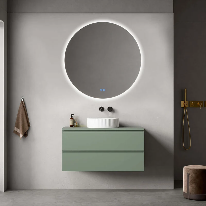 Mobile bagno sospeso 100 cm Verde Salvia per Lavabo d'appoggio Specchio Tondo Retroilluminato - Fiji Paint Top