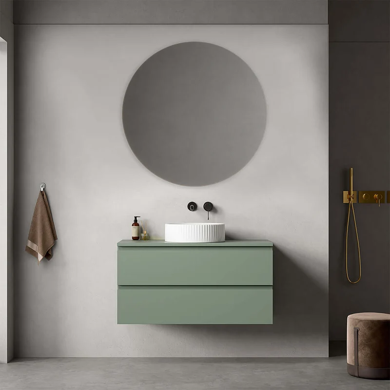 Mobile bagno sospeso 100 cm Verde Salvia per Lavabo d'appoggio Specchio Tondo - Fiji Paint Top