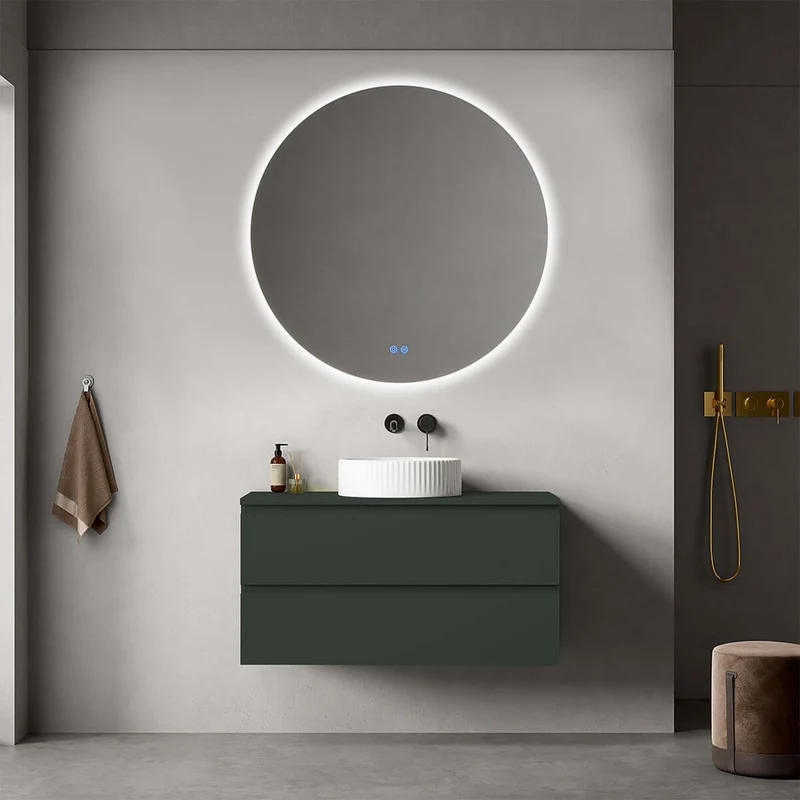 Mobile bagno sospeso 100 cm Verde Comodoro per Lavabo d'appoggio Specchio Tondo Retroilluminato - Fiji Paint Top