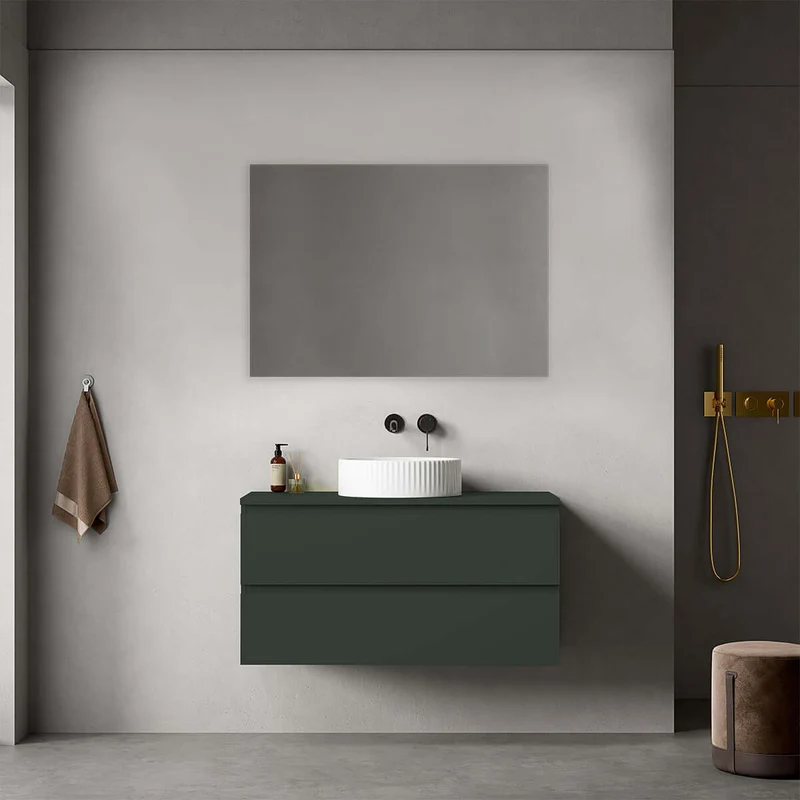 Mobile bagno sospeso 100 cm Verde Comodoro per Lavabo d'appoggio Specchio Quadro - Fiji Paint Top
