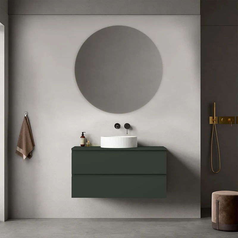 Mobile bagno sospeso 100 cm Verde Comodoro per Lavabo d'appoggio Specchio Tondo - Fiji Paint Top