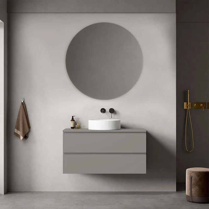 Mobile bagno sospeso 100 cm Grigio Londra per Lavabo d'appoggio Specchio Tondo - Fiji Paint Top