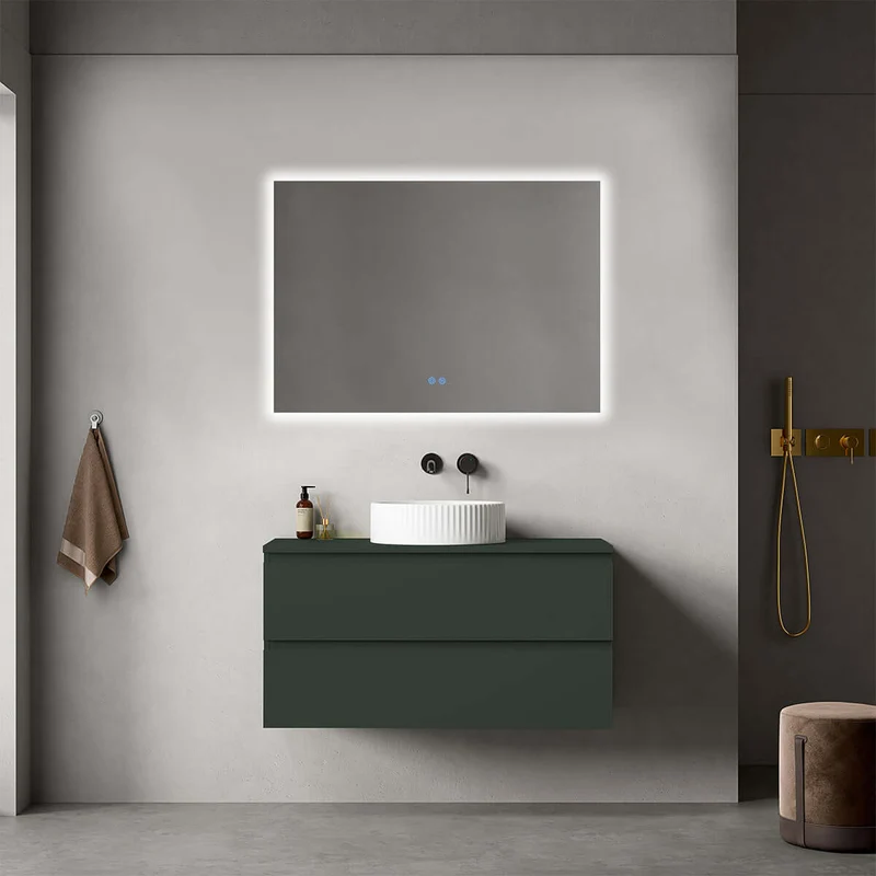 Mobile bagno sospeso 100 cm Verde Comodoro per Lavabo d'appoggio Specchio Quadro Retroilluminato - Fiji Paint Top