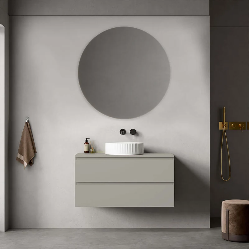 Mobile bagno sospeso 100 cm Grigio Cenere per Lavabo d'appoggio Specchio Tondo - Fiji Paint Top