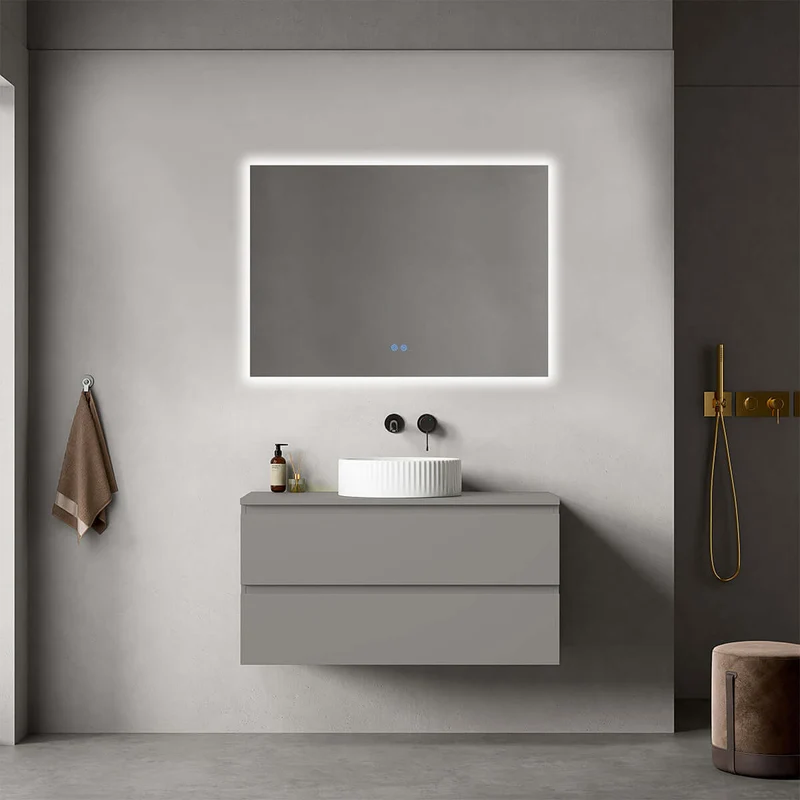 Mobile bagno sospeso 100 cm Grigio Londra per Lavabo d'appoggio Specchio Quadro Retroilluminato - Fiji Paint Top