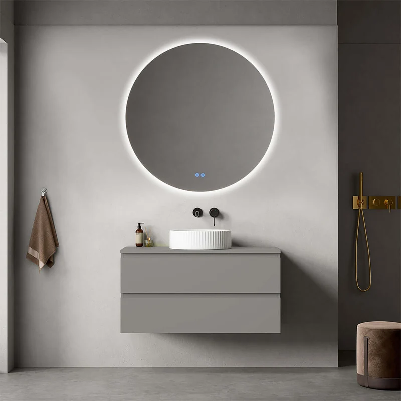 Mobile bagno sospeso 100 cm Grigio Londra per Lavabo d'appoggio Specchio Tondo Retroilluminato - Fiji Paint Top