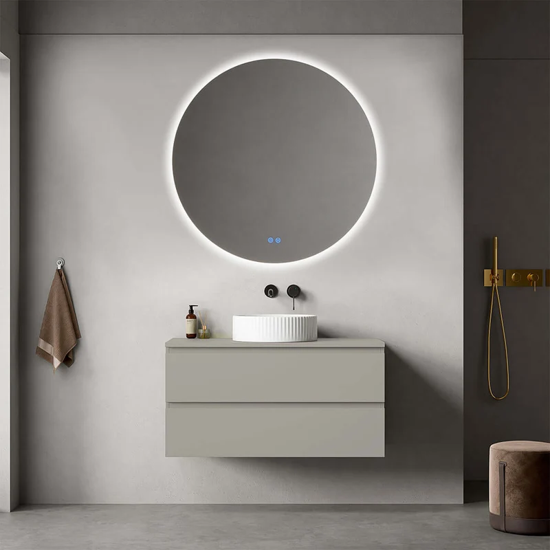 Mobile bagno sospeso 100 cm Grigio Cenere per Lavabo d'appoggio Specchio Tondo Retroilluminato - Fiji Paint Top