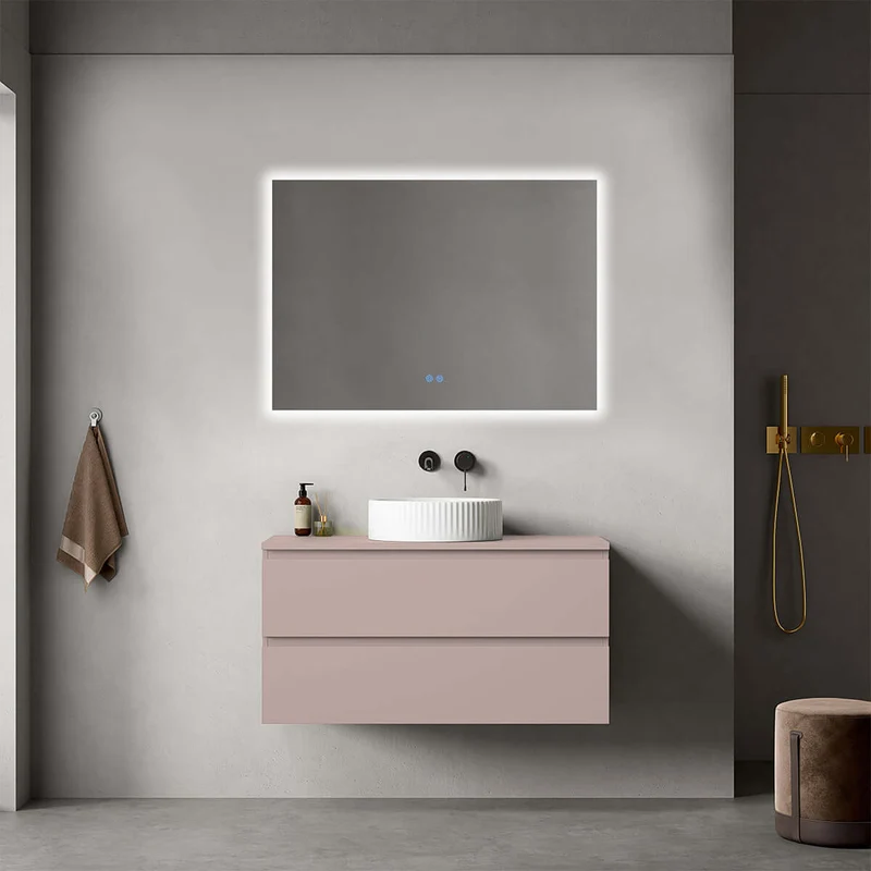 Mobile bagno sospeso 100 cm Rosa Retrò per Lavabo d'appoggio Specchio Quadro Retroilluminato - Fiji Paint Top