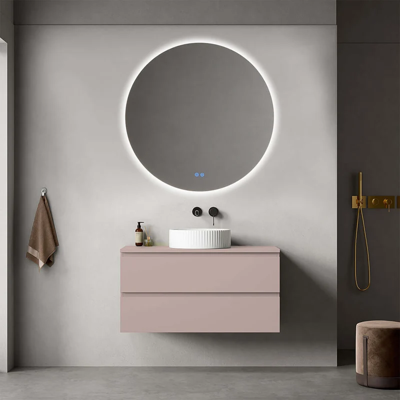 Mobile bagno sospeso 100 cm Rosa Retrò per Lavabo d'appoggio Specchio Tondo Retroilluminato - Fiji Paint Top