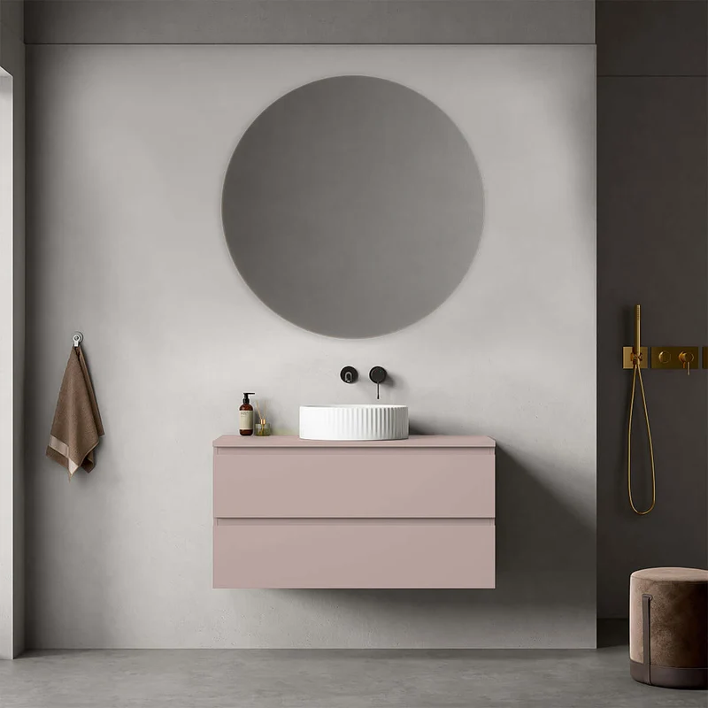 Mobile bagno sospeso 100 cm Rosa Retrò per Lavabo d'appoggio Specchio Tondo - Fiji Paint Top