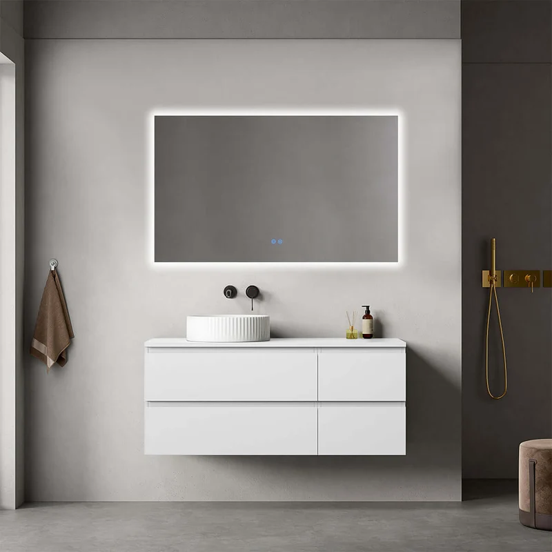 Mobile bagno sospeso reversibile 120 cm Bianco Opaco per Lavabo d'appoggio Specchio Quadro Retroilluminato - Fiji Paint Top