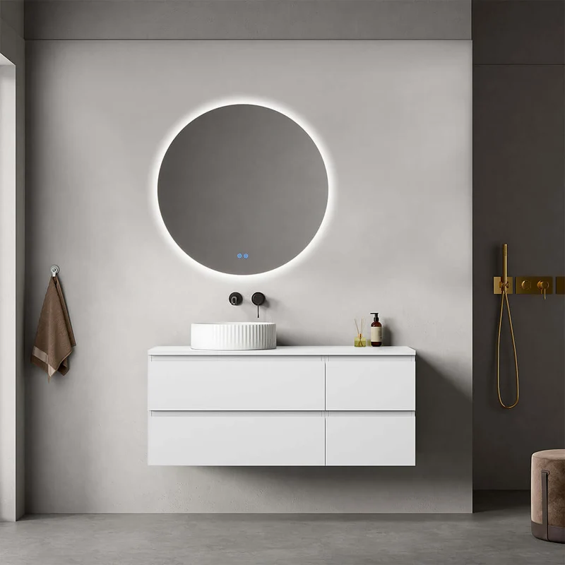 Mobile bagno sospeso reversibile 120 cm Bianco Opaco per Lavabo d'appoggio Specchio Tondo Retroilluminato - Fiji Paint Top