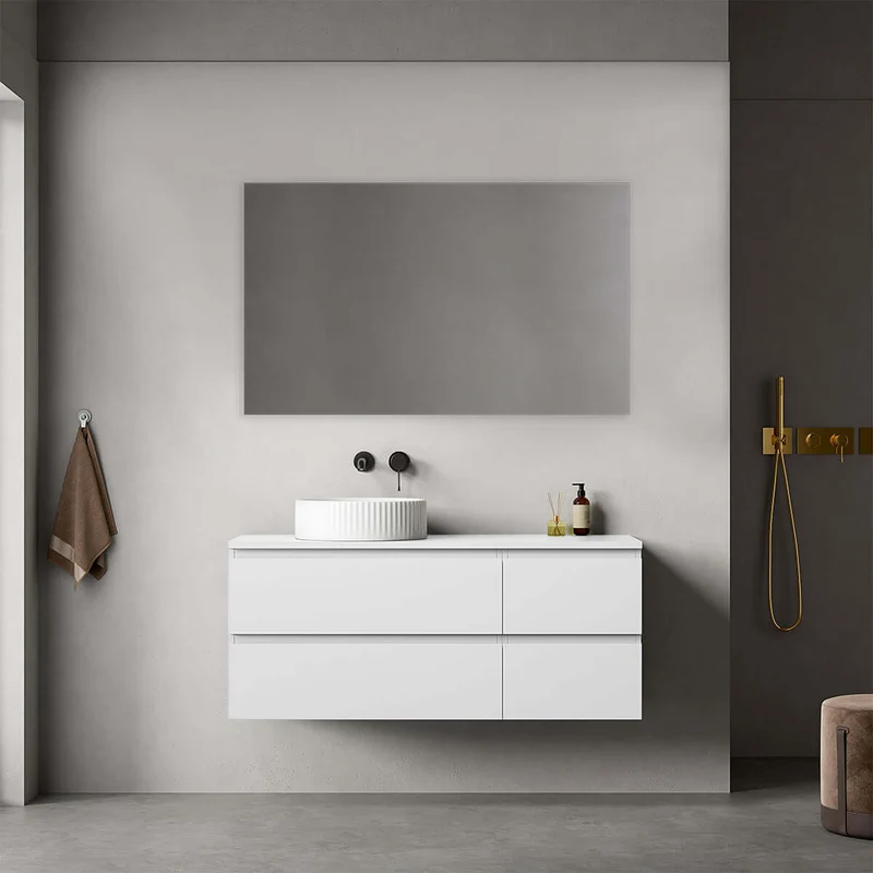 Mobile bagno sospeso reversibile 120 cm Bianco Opaco per Lavabo d'appoggio Specchio Quadro - Fiji Paint Top