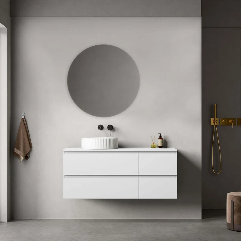 Mobile bagno sospeso reversibile 120 cm Bianco Opaco per Lavabo d'appoggio Specchio Tondo - Fiji Paint Top