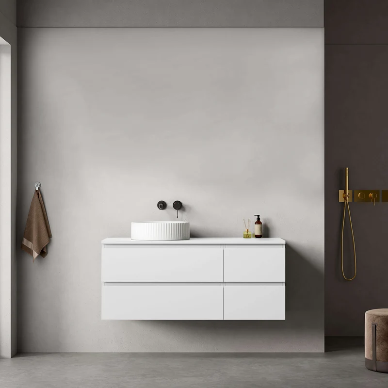 Mobile bagno sospeso reversibile 120 cm Bianco Opaco per Lavabo d'appoggio Senza Specchio - Fiji Paint Top
