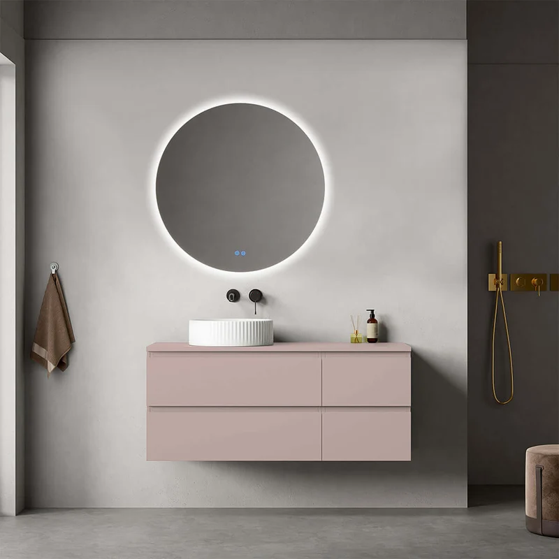 Mobile bagno sospeso reversibile 120 cm Rosa Retrò per Lavabo d'appoggio Specchio Tondo Retroilluminato - Fiji Paint Top