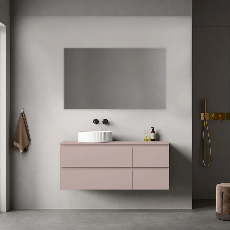 Mobile bagno sospeso reversibile 120 cm Rosa Retrò per Lavabo d'appoggio Specchio Quadro - Fiji Paint Top