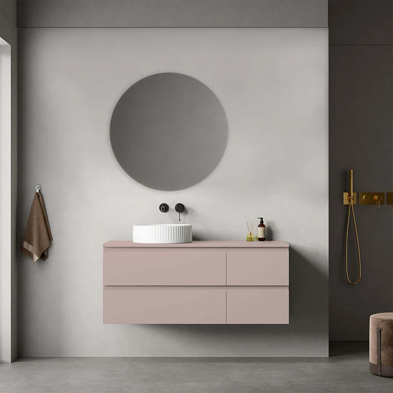 Mobile bagno sospeso reversibile 120 cm Rosa Retrò per Lavabo d'appoggio Specchio Tondo - Fiji Paint Top