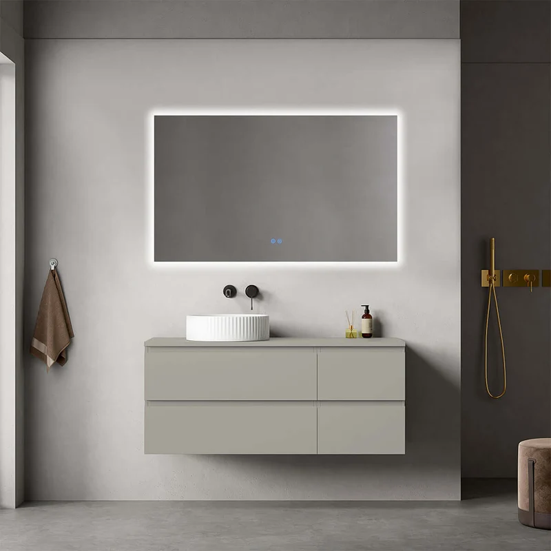 Mobile bagno sospeso reversibile 120 cm Grigio Cenere per Lavabo d'appoggio Specchio Quadro Retroilluminato - Fiji Paint Top