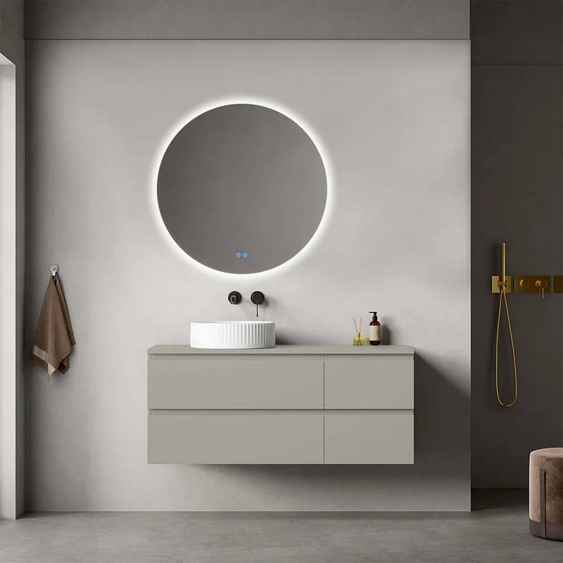 Mobile bagno sospeso reversibile 120 cm Grigio Cenere per Lavabo d'appoggio Specchio Tondo Retroilluminato - Fiji Paint Top