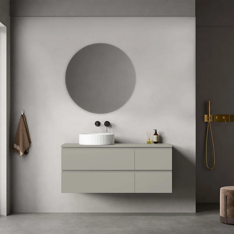 Mobile bagno sospeso reversibile 120 cm Grigio Cenere per Lavabo d'appoggio Specchio Tondo - Fiji Paint Top