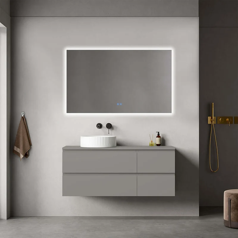 Mobile bagno sospeso reversibile 120 cm Grigio Londra per Lavabo d'appoggio Specchio Quadro Retroilluminato - Fiji Paint Top