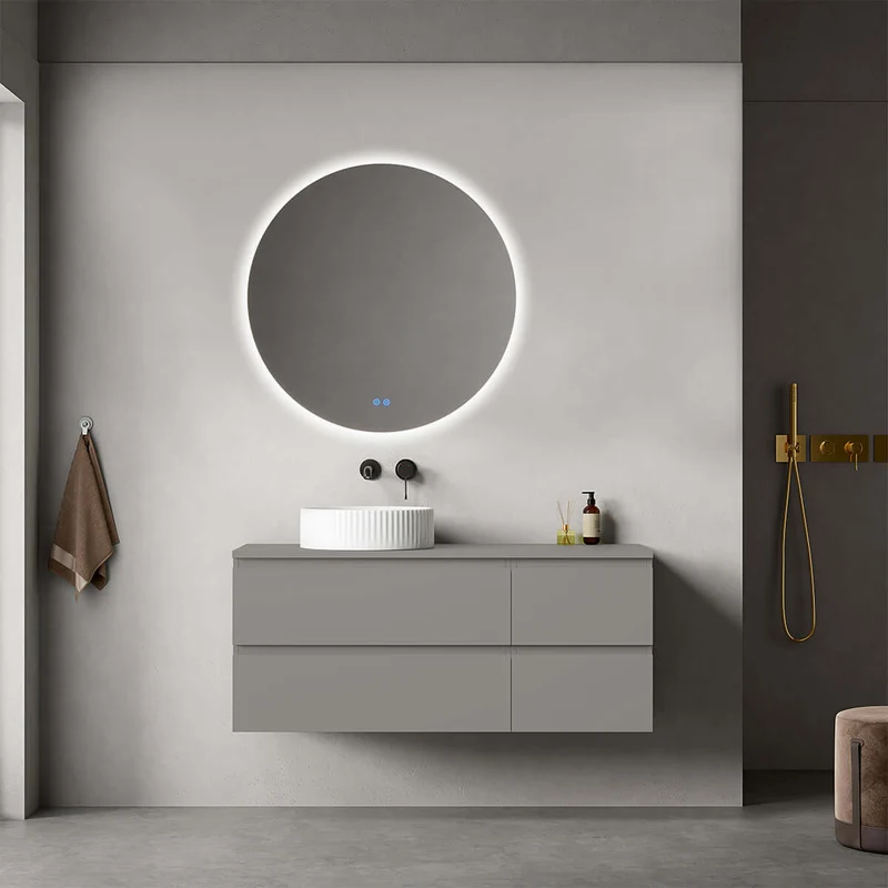 Mobile bagno sospeso reversibile 120 cm Grigio Londra per Lavabo d'appoggio Specchio Tondo Retroilluminato - Fiji Paint Top