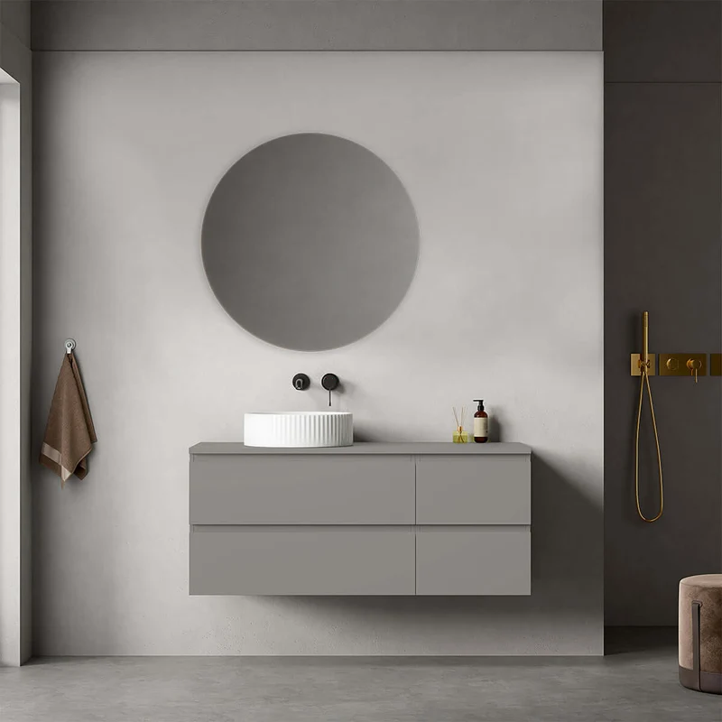 Mobile bagno sospeso reversibile 120 cm Grigio Londra per Lavabo d'appoggio Specchio Tondo - Fiji Paint Top