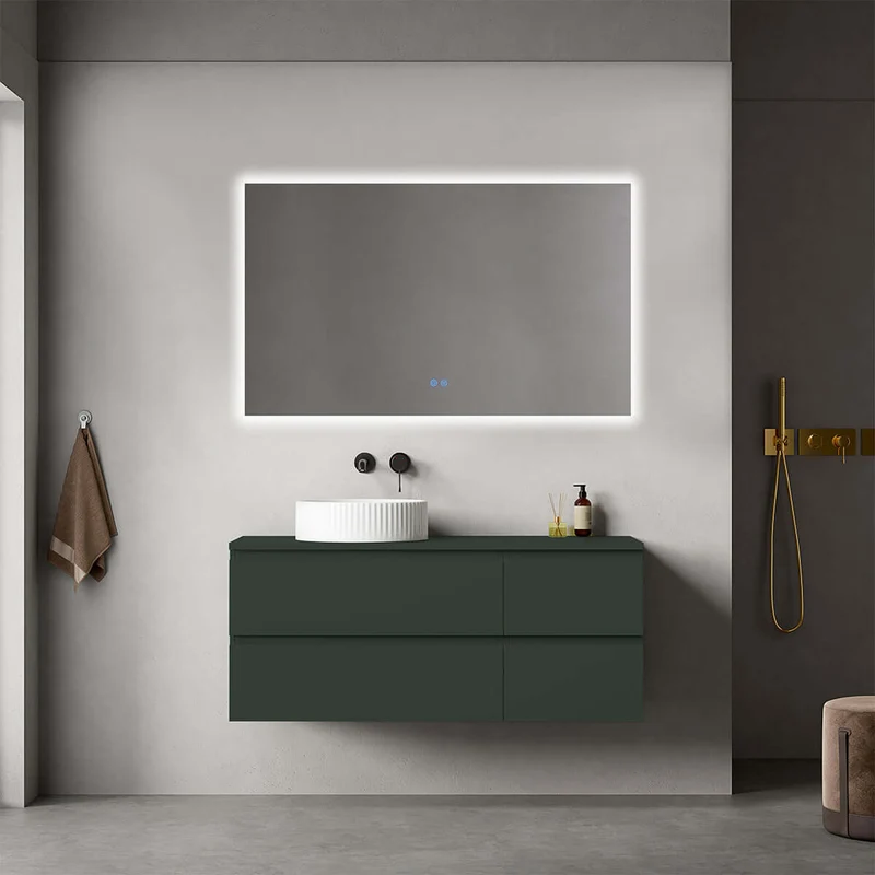 Mobile bagno sospeso reversibile 120 cm Verde Comodoro per Lavabo d'appoggio Specchio Quadro Retroilluminato - Fiji Paint Top