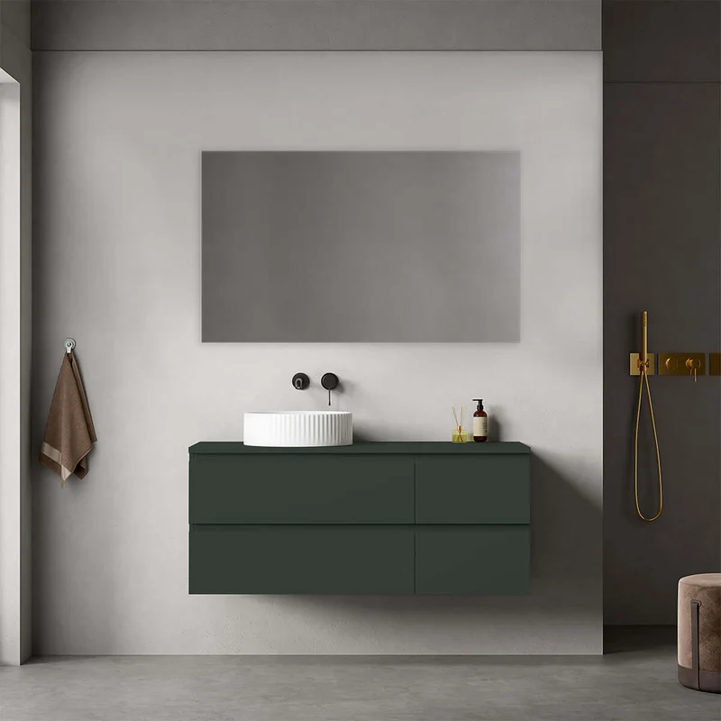 Mobile bagno sospeso reversibile 120 cm Verde Comodoro per Lavabo d'appoggio Specchio Quadro - Fiji Paint Top
