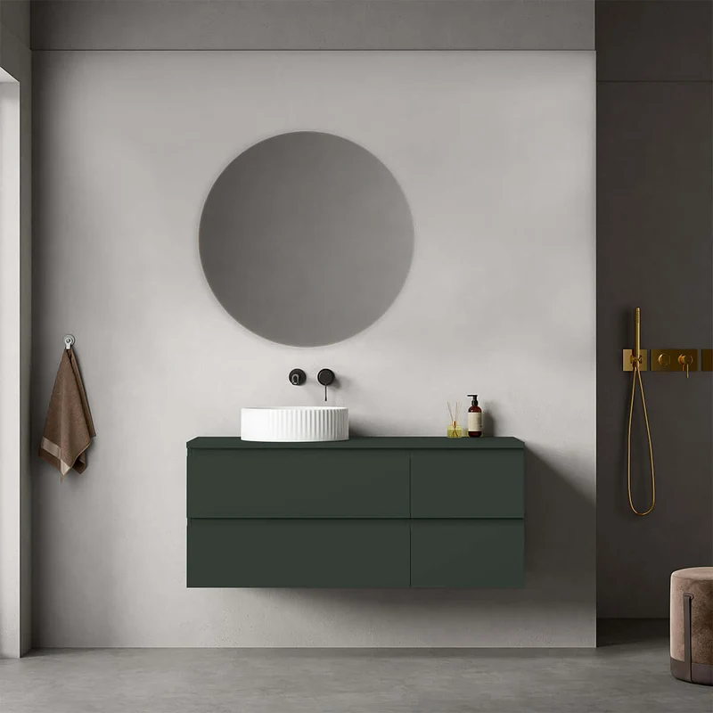Mobile bagno sospeso reversibile 120 cm Verde Comodoro per Lavabo d'appoggio Specchio Tondo - Fiji Paint Top