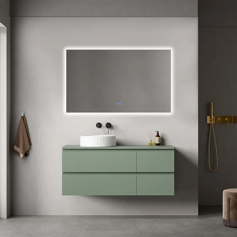 Mobile bagno sospeso reversibile 120 cm Verde Salvia per Lavabo d'appoggio Specchio Quadro Retroilluminato - Fiji Paint Top