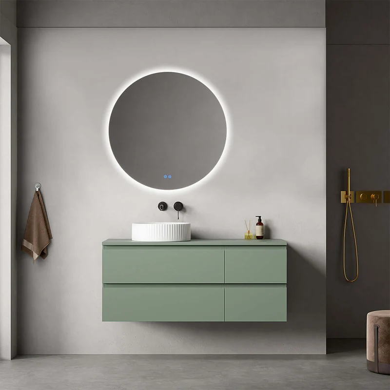 Mobile bagno sospeso reversibile 120 cm Verde Salvia per Lavabo d'appoggio Specchio Tondo Retroilluminato - Fiji Paint Top