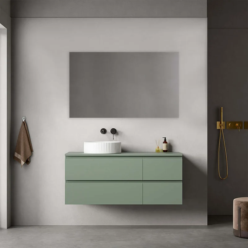 Mobile bagno sospeso reversibile 120 cm Verde Salvia per Lavabo d'appoggio Specchio Quadro - Fiji Paint Top