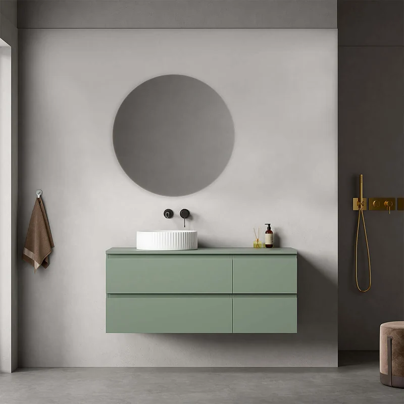Mobile bagno sospeso reversibile 120 cm Verde Salvia per Lavabo d'appoggio Specchio Tondo - Fiji Paint Top