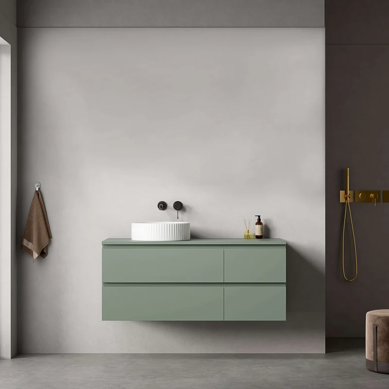 Mobile bagno sospeso reversibile 120 cm Verde Salvia per Lavabo d'appoggio Senza Specchio - Fiji Paint Top