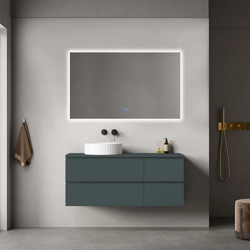 Mobile bagno sospeso reversibile 120 cm Blu Mare per Lavabo d'appoggio Specchio Quadro Retroilluminato - Fiji Paint Top