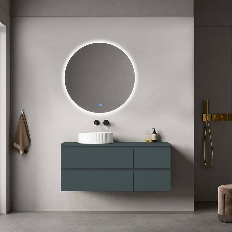 Mobile bagno sospeso reversibile 120 cm Blu Mare per Lavabo d'appoggio Specchio Tondo Retroilluminato - Fiji Paint Top