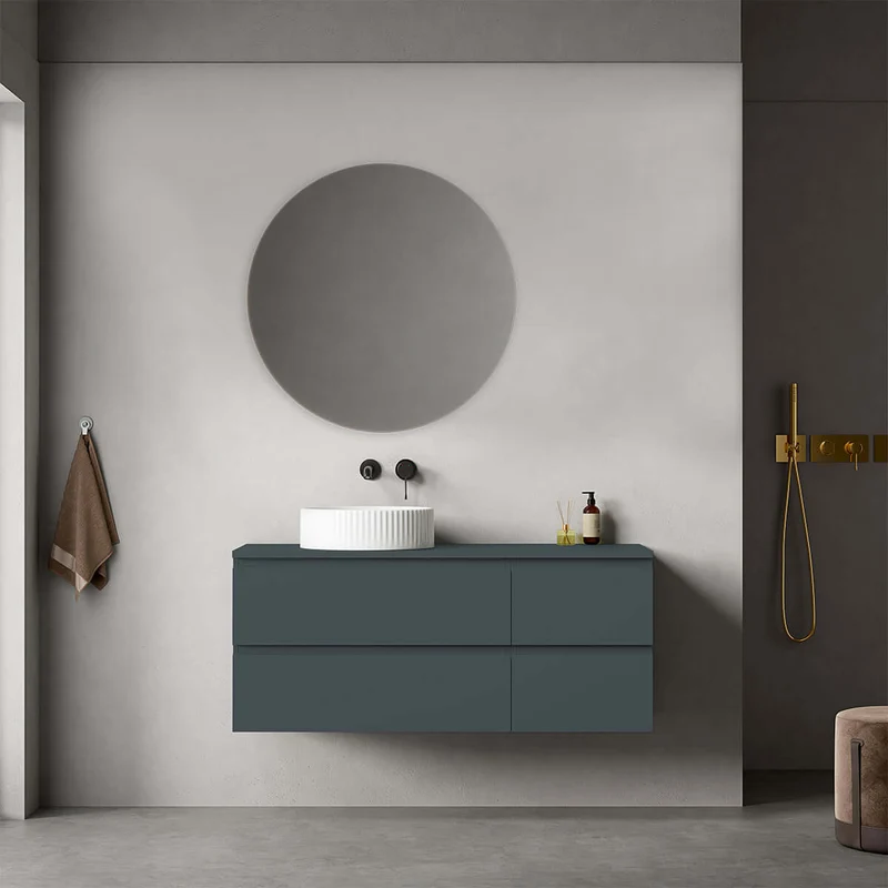 Mobile bagno sospeso reversibile 120 cm Blu Mare per Lavabo d'appoggio Specchio Tondo - Fiji Paint Top