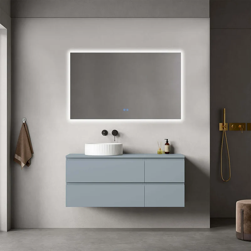 Mobile bagno sospeso reversibile 120 cm Blu Avio per Lavabo d'appoggio Specchio Quadro Retroilluminato - Fiji Paint Top
