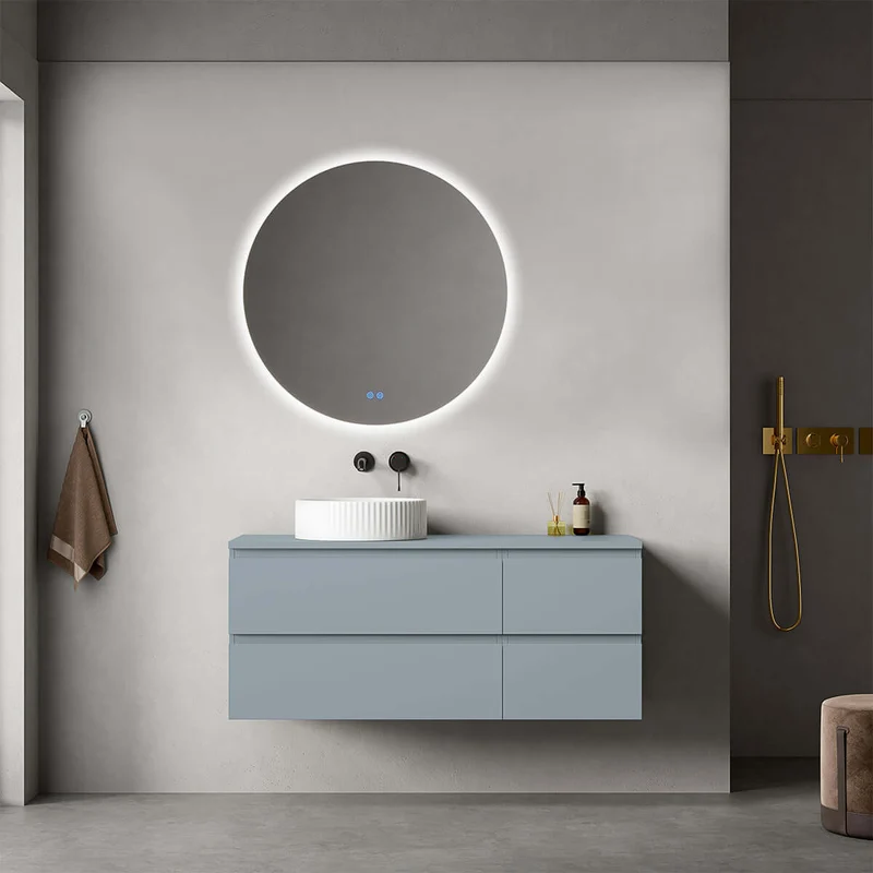 Mobile bagno sospeso reversibile 120 cm Blu Avio per Lavabo d'appoggio Specchio Tondo Retroilluminato - Fiji Paint Top