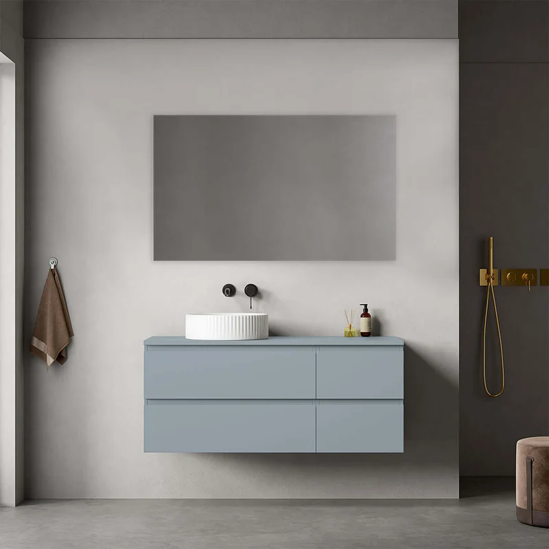 Mobile bagno sospeso reversibile 120 cm Blu Avio per Lavabo d'appoggio Specchio Quadro - Fiji Paint Top