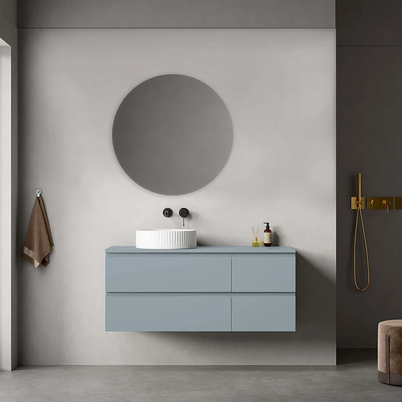 Mobile bagno sospeso reversibile 120 cm Blu Avio per Lavabo d'appoggio Specchio Tondo - Fiji Paint Top