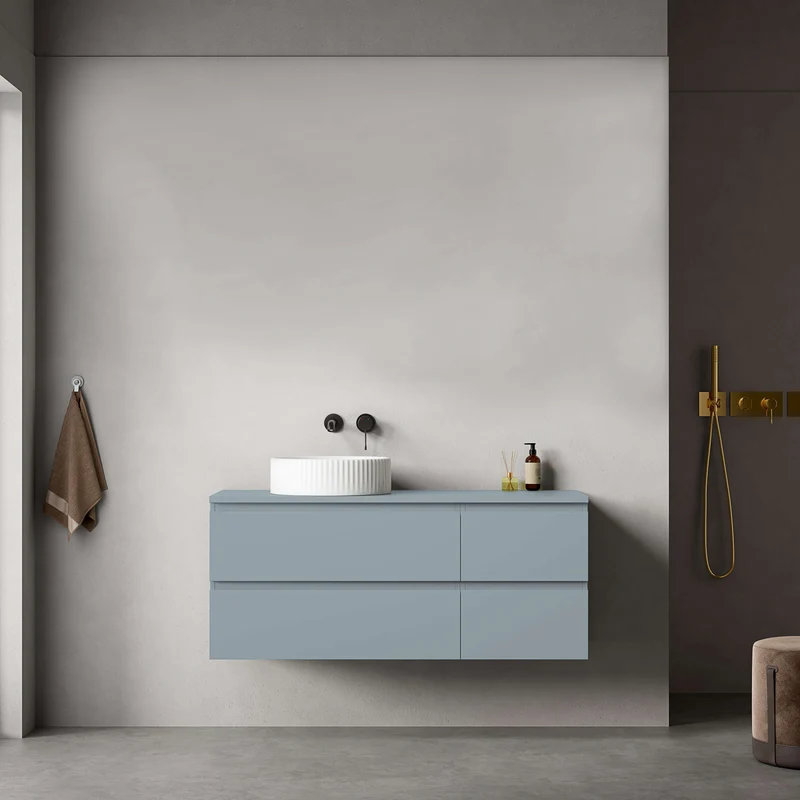 Mobile bagno sospeso reversibile 120 cm Blu Avio per Lavabo d'appoggio Senza Specchio - Fiji Paint Top