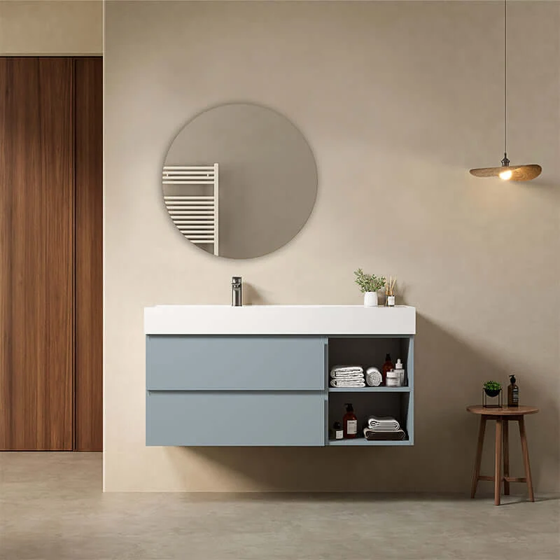 Mobile bagno sospeso 120 cm Blu Avio Lavabo a Sinistra in Resina Specchio Tondo - Fiji Paint Plus