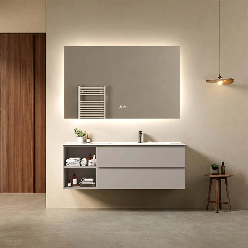 Mobile bagno sospeso 140 cm Grigio Cenere Lavabo a Destra in Resina Specchio Quadro Retroilluminato - Fiji Paint Plus