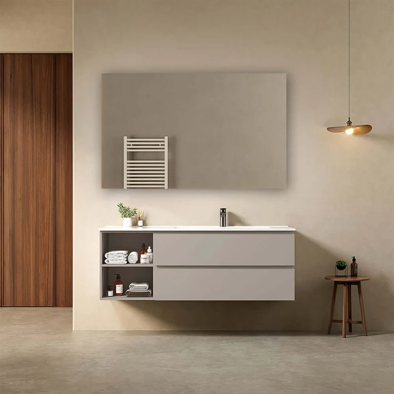 Mobile bagno sospeso 140 cm Grigio Cenere Lavabo a Destra in Resina Specchio Quadro - Fiji Paint Plus