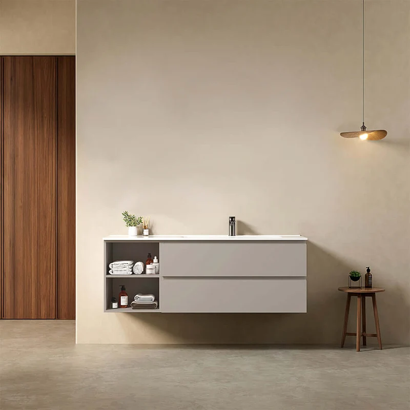 Mobile bagno sospeso 140 cm Grigio Cenere Lavabo a Destra in Resina Senza Specchio - Fiji Paint Plus