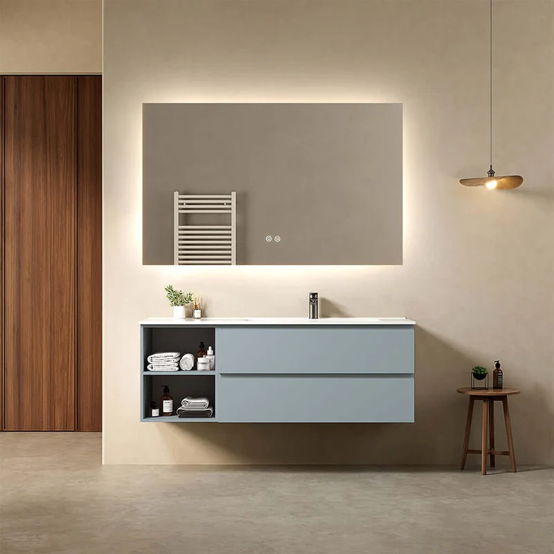 Mobile bagno sospeso 140 cm Blu Avio Lavabo a Destra in Resina Specchio Quadro Retroilluminato - Fiji Paint Plus