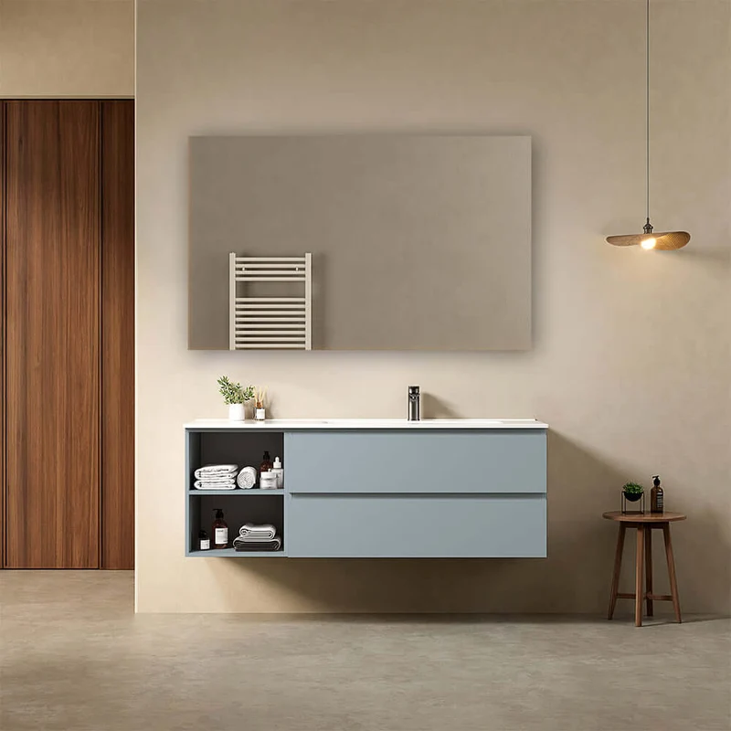 Mobile bagno sospeso 140 cm Blu Avio Lavabo a Destra in Resina Specchio Quadro - Fiji Paint Plus